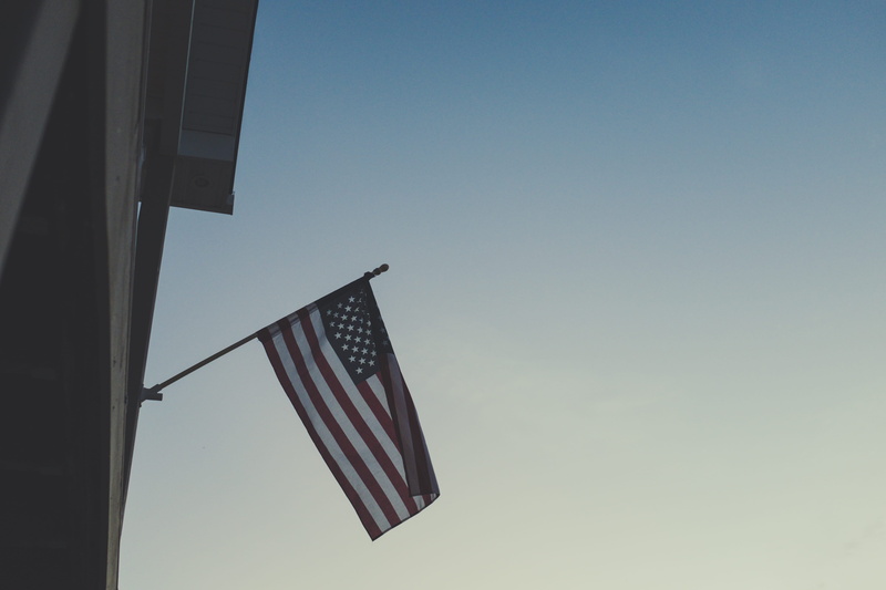 national icon, no people, low angle view, united state, flag, dusk, independence, 4K, wall, clear sky, patriotic, red white and blue, pride, striped, blue