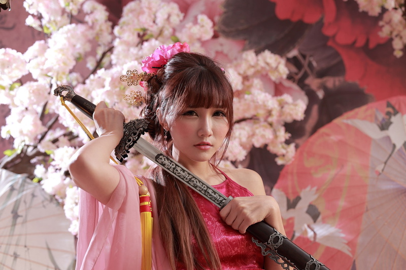 sword, Ji Xin Qiao, redhead, Asian, barrette, women, cosplay, 1080P, long hair, straight hair