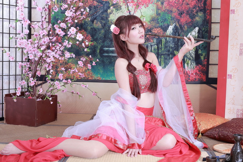 1080P, women, straight hair, Asian, cosplay, Ji Xin Qiao, twintails, long hair, flower in hair, redhead, sitting