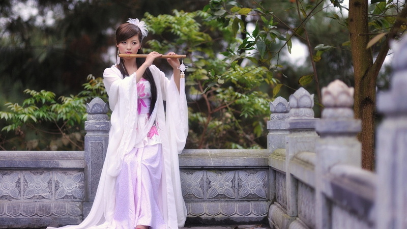 trees, women, women outdoors, barrette, brunette, Asian, 1080P, musician, long hair, flute, white dress, playing, model
