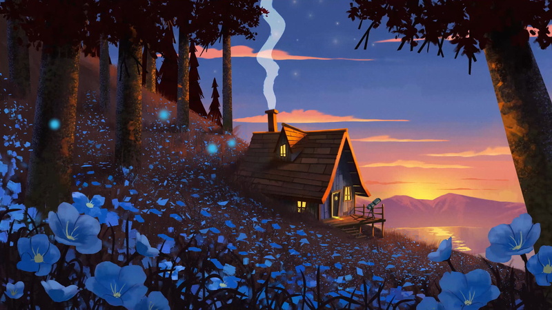 4K, forest, trees, cottage, Hugo Barret Castan, flowers, chimneys, smoke, sunset