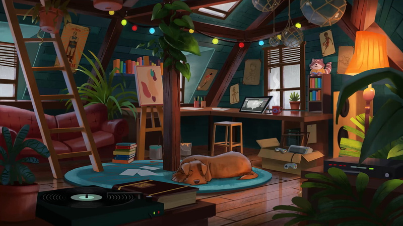 dog, vinyl, couch, ladder, 4K, raccoons, flowerpot, books, attics, Hugo Barret Castan, plants, paint can