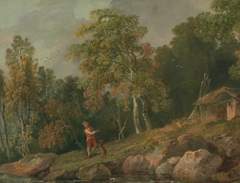 tranquil scene, George Barret, real people, landscape, hut, beauty in nature, lifestyles, Painting, forest, fall, art, tranquility, day, outside, boy, woods