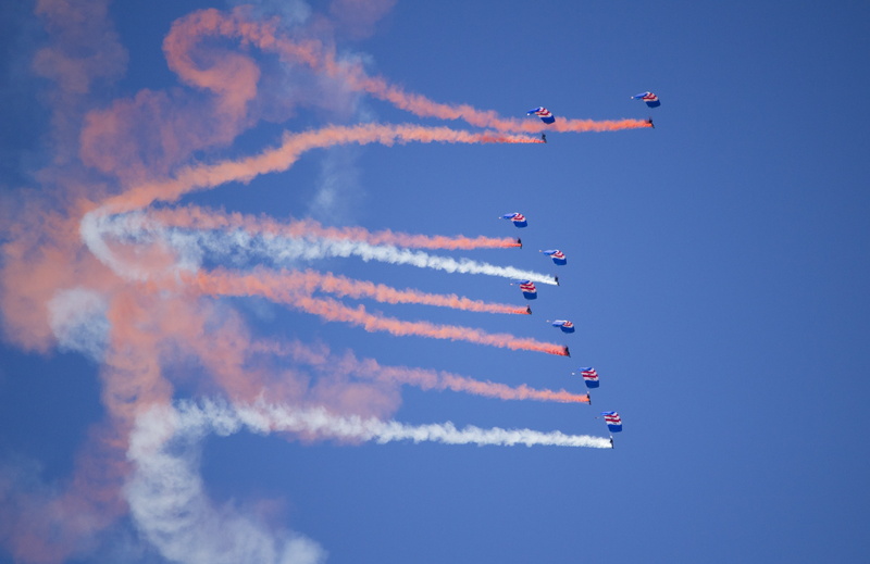 skydiving, outdoors, nature, order, extreme, fighter plane, airshow, cloud - sky, 4K, skill, blue, smoke - physical structure, air, formation flying, sport