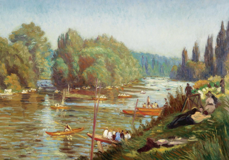 1080P, landscape, The banks of the Marne at La Varena, Emile Bernard, boats, picture, river
