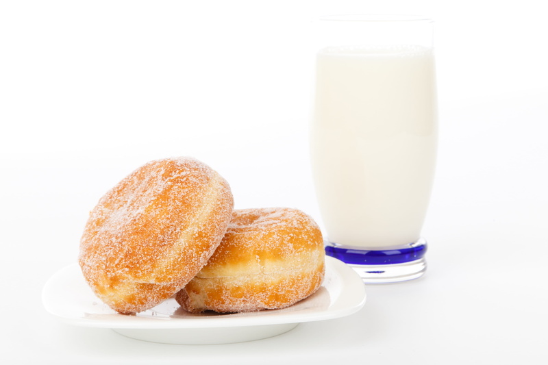 no People, freshness, indoors, household equipment, bun, in clear, milk, white background, doughnuts, orange Juice, indulgence, refreshment, plate, sweet