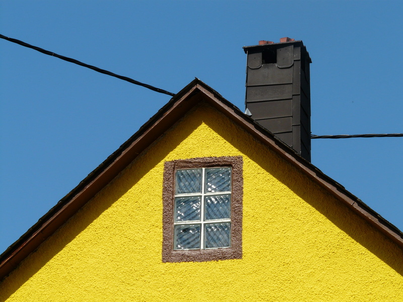 blue, yellow, low angle view, Roof, shape, Gable, outdoors, clear sky, Chimney, facade, house, building exterior, shadow, built structure, sunlight, 2K
