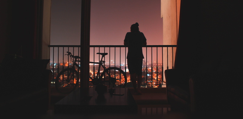 handrail, night, 5K, metropolis, building, one person, machine, interior design, transparent, adult, bike, furniture, wheel, glass - material, silhouette