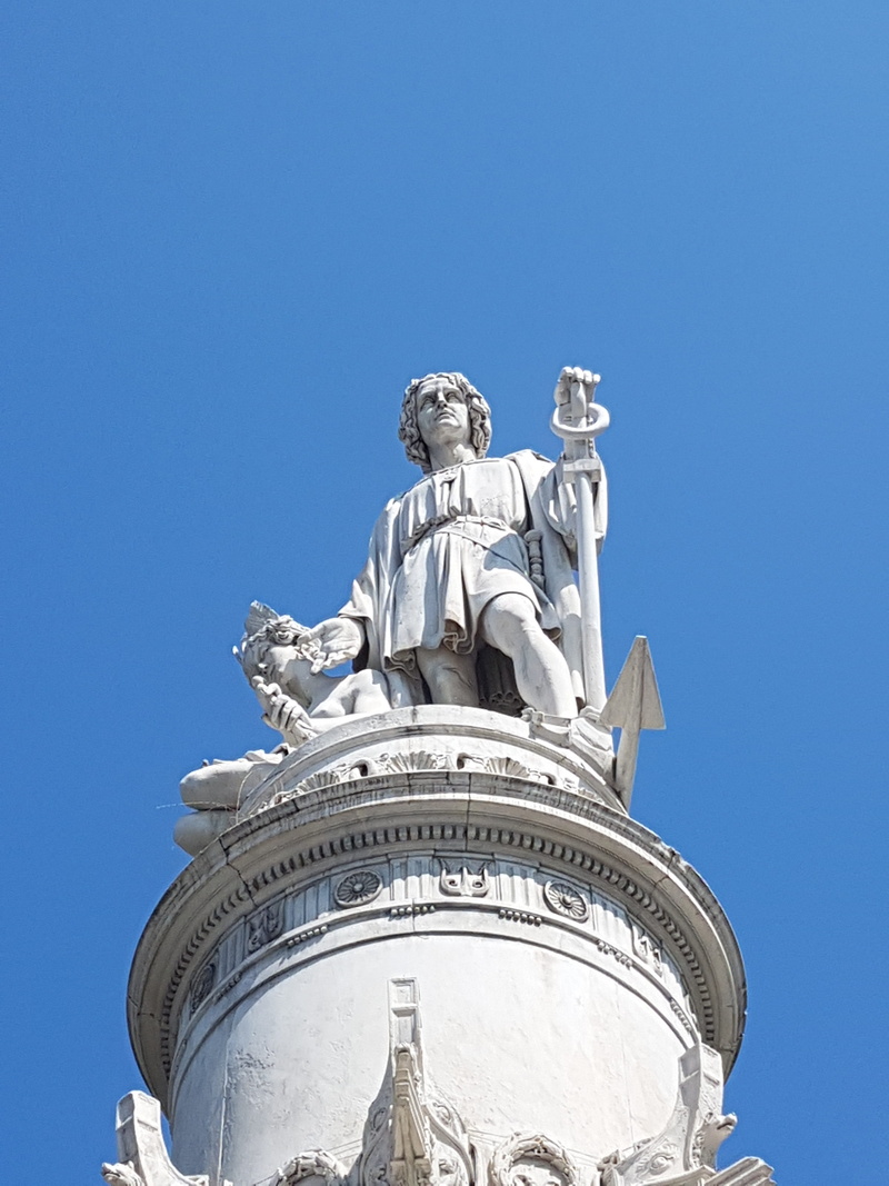 building exterior, sculpture, blue, craft, architecture, outdoors, italy, genoa, sunny, christopher columbus, human representation, day, nature, built structure