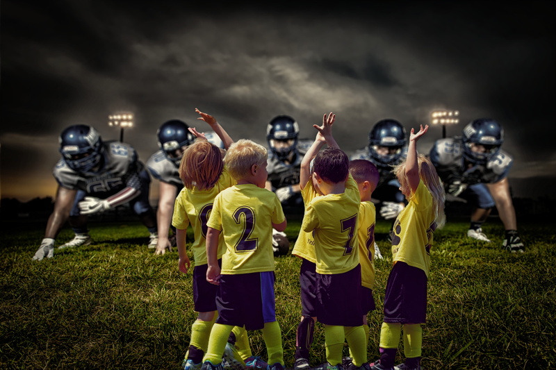 arms raised, team spirit, rear view, competition, children, grass, limb, football, human arm, sports helmet, american football player, 5K, group, clothing