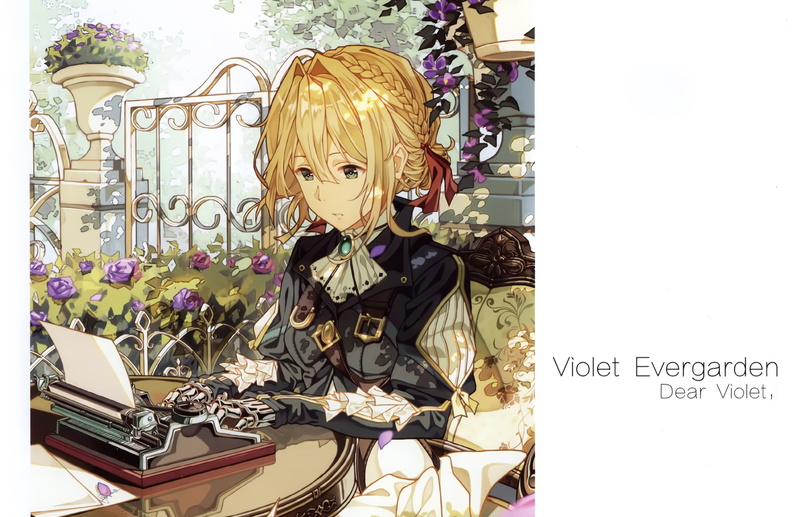 4K, straps, on the table, in the garden, typewriter, fence, Violet Evergarden, iron hand, sheets of paper, Cheese Kang, art