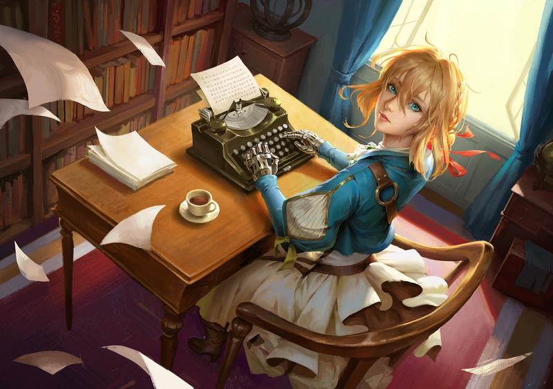 iron hand, table, Violet Evergarden, typewriter, books, window, art, office, Wenfei Ye, Cup and saucer, 1080P, room, sheets of paper, red ribbon