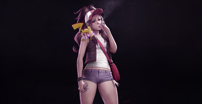 money, smoking, anime girls, Pikachu, 1080P, anime, Hilda (pokemon), simple background
