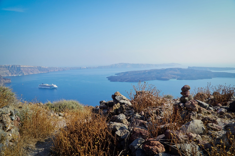 clear sky, land, tranquility, water, blue, 2K, tree, high angle view, copy space, non-urban scene, beauty in nature, tranquil scene, thera, greece, plant