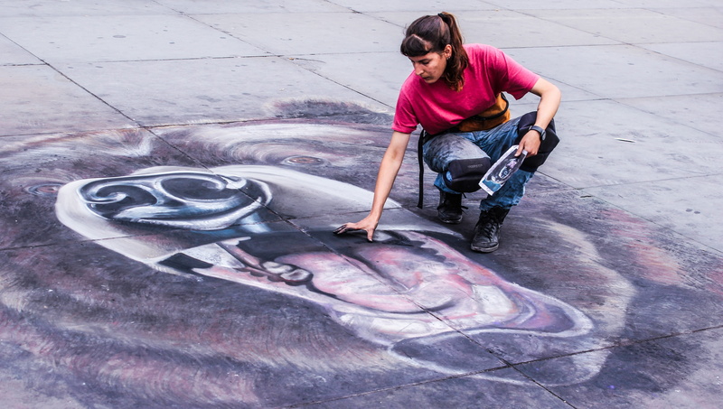occupation, pattern, women, casual clothing, woman, sketch, day, full length, black, females, artistic, wild, cement, working, bear, chalk art, portrait