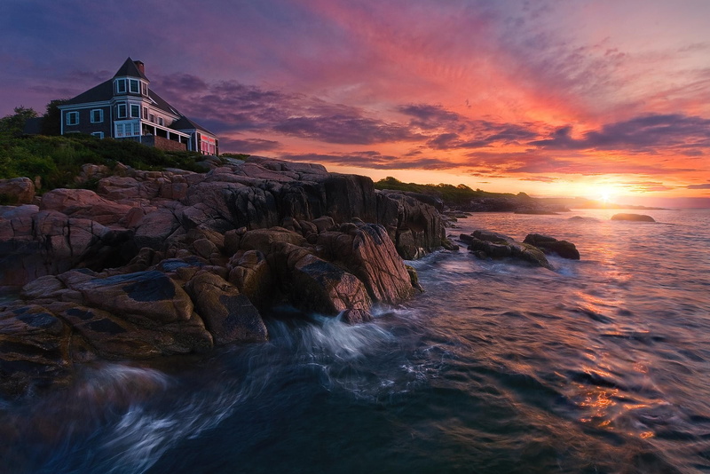 landscape, house, Maine, rock, coast, 1080P, nature, sea