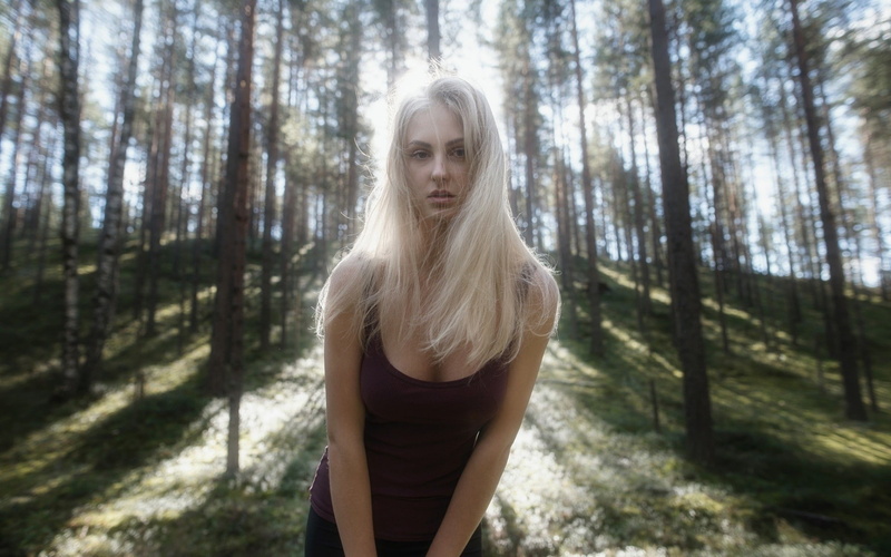 blonde, outdoors, long hair, sunlight, Tatiana Mertsalova, trees, women outdoors, 1080P, women