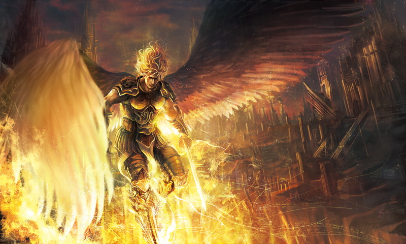 painting, guy, the city, firework, armor, blurred motion, no people, clouds, glowing, close-up, burning, the sky, fire, weapons, nature, motion, outdoors