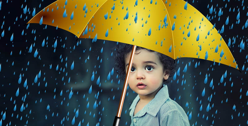 responsibility, looking, childrens day, portrait, consumer protection, one person, umbrella, child, raindrop, protect, holding, storm, rain, security, rainy season