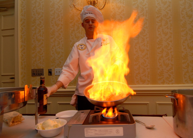 heat - temperature, portable, Culinary, fire, food, kitchen utensil, preparing food, strawberries, Chef, skill, frypan, dish, flambe, competition, burning