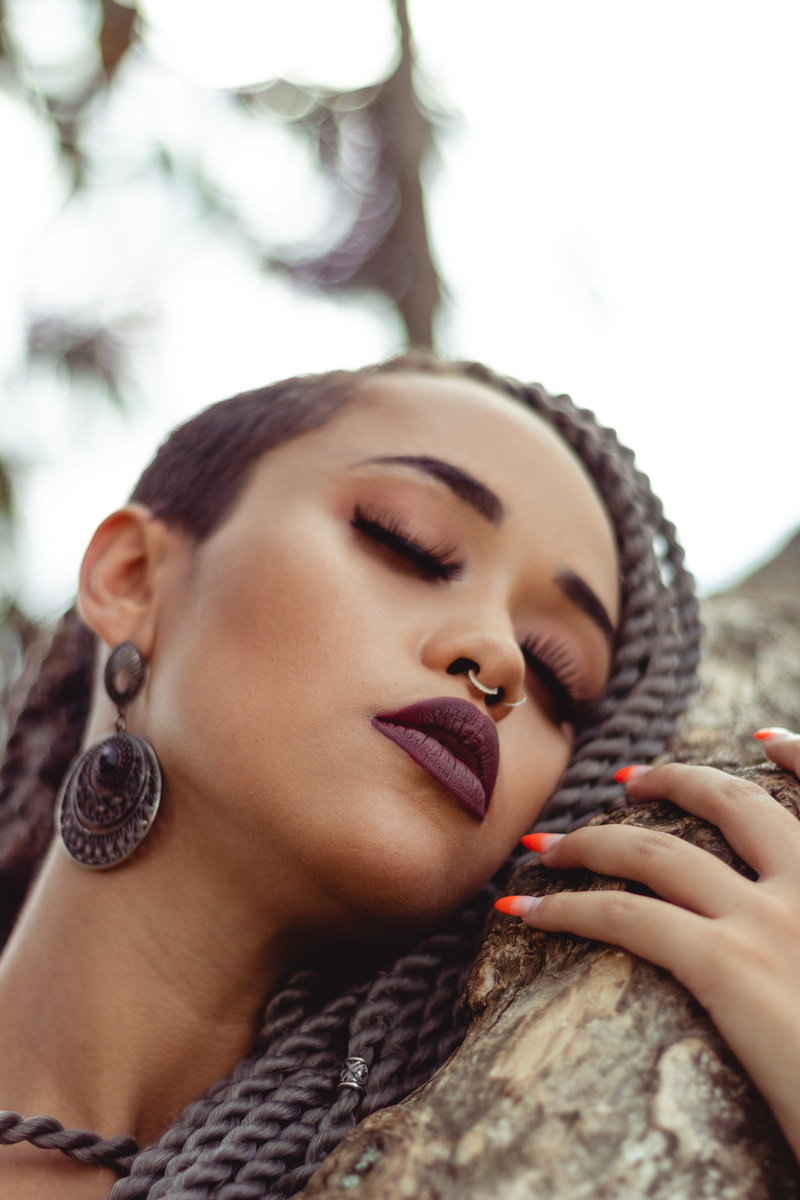 photoshoot, fashionable, eyes closed, lips, person, woman, human body part, lipstick, warm clothing, posing, trunk, pretty, casual, human face, nose piercing