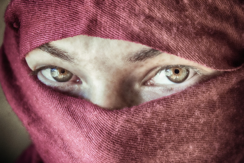 nose, scarf, female, young adult, young, covering, lips, 5K, lifestyles, purple, front view, body part, eyebrows, cosmetics, real people, human face, obscured face
