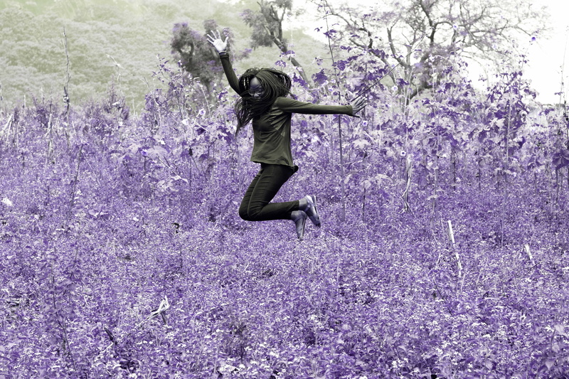 field, flower, ebony, nigeria, grass, black and white, day, african, plant, trees, pose, wild, fun, joy, human arm, casual clothing, excited, full length