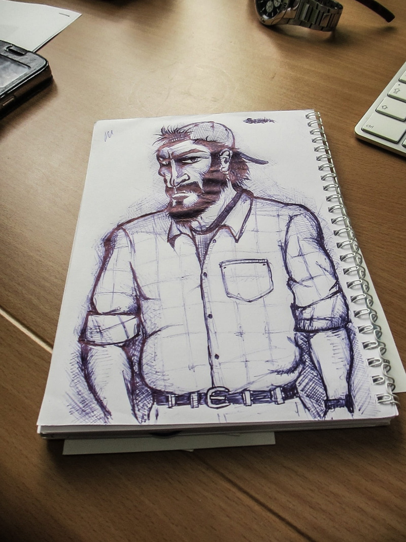 female likeness, paper, image, man, shirt, 1080P, cap, no people, high angle view, wood - material, designer, close-up, pen, table, technology, art and craft