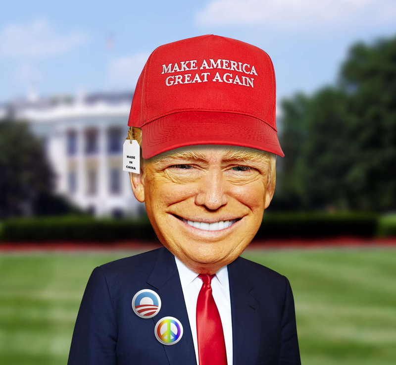 white house, 1080P, red, clothing, looking at camera, president, cartoon character, close-up, smiling, emotion, day, responsibility, adult, caricature