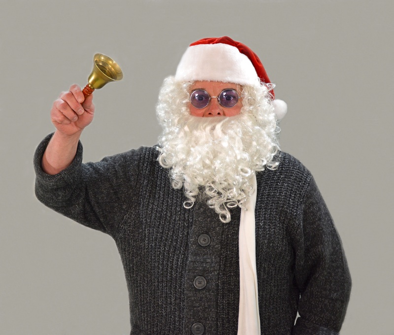 arms raised, looking at camera, indoors, waist up, winter, portrait, funny, holidays, men, beard, merry christmas, one person, gray, humor, bell, christmas time