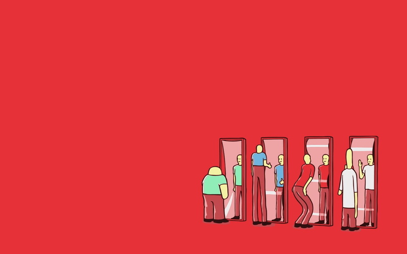 standing, four, studio shot, cut out, minimalism, 720P, red background, variation, creativity, in a row, group of objects, mirror, humor, colored background