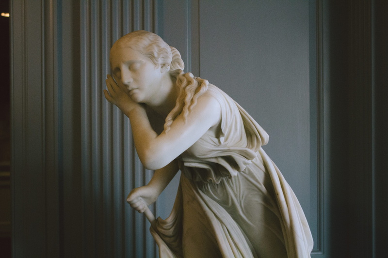 looking away, adult, contemplation, 5K, waist up, angel, design, standing, shadows, united states, risd museum, eyes closed, fashion, sculpture, statue