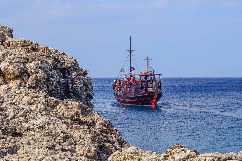 transportation, beach, rock - object, mode of transportation, Cyprus, water, rock, Cruise, fishing industry, nature, cruise boat, Tourism, leisure, pirate ship