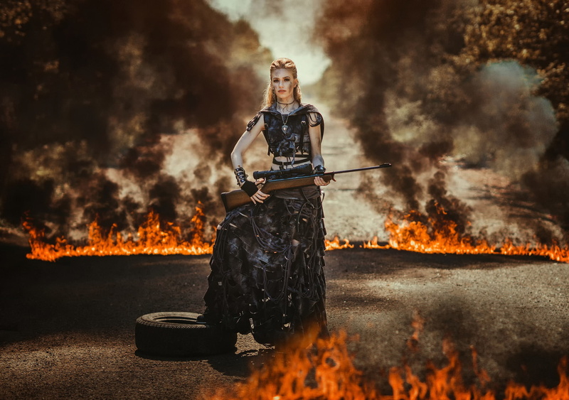 girls with guns, standing, rifles, gun, 1080P, fire, dress, redhead, apocalyptic, weapon, women