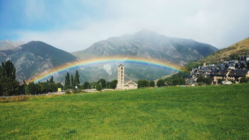 outdoors, architecture, green, grass, pyrenees, church, autumm, land, built structure, town, nature, sky, building, taüll, rainbow, tranquil scene, plant
