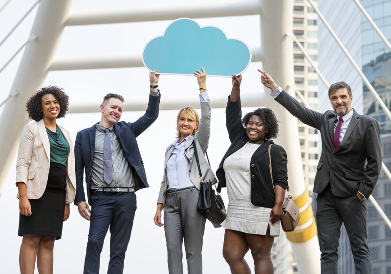 body part, businesswomen, suit, colleagues, african american, teamwork, group of people, cloud, city center, smiling, caucasian, three quarter length, african