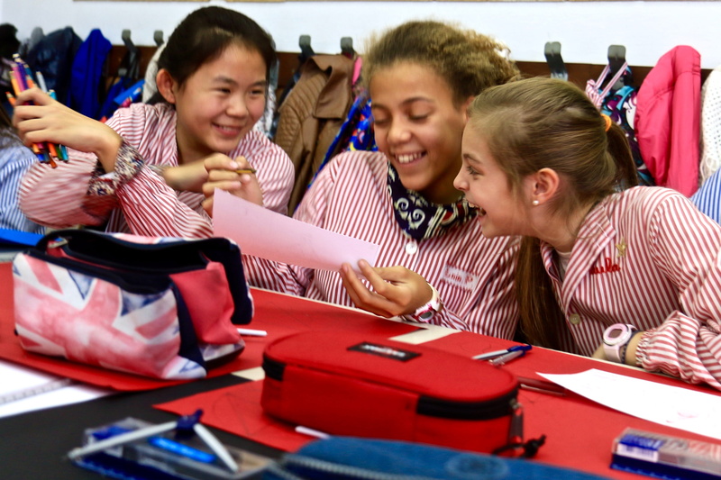indoors, women, companionship, pre-adolescent child, companions, group of people, happy, table, offspring, smiling, girl, 4K, sitting, classroom, laughing