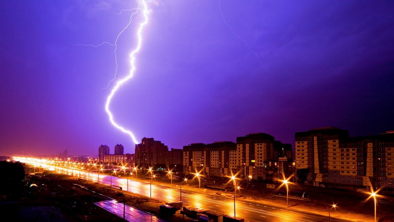blue, warning sign, buildings, car, sign, city, city lights, light - Natural Phenomenon, traffic, cityscape, blurred Motion, storm, street Light, built Structure