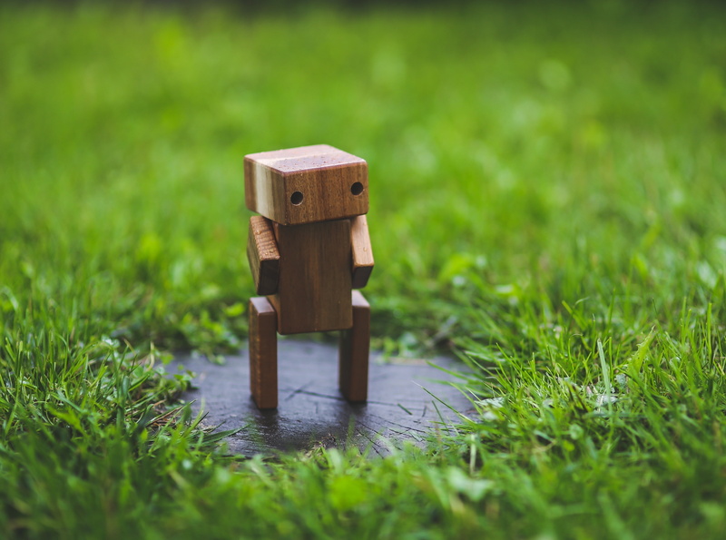 Wooden, selective focus, plant, outdoors, Lawn, danbo, green color, metal, toy, no people, figure, wood - material, nature, growth, 4K, Cute, safety, focus on foreground