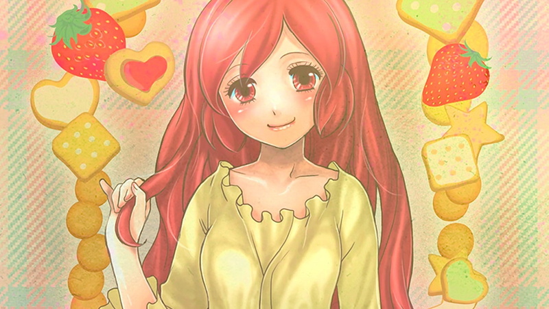 anime, redhead, 1080P, red eyes, Log Horizon, anime girls, strawberries, long hair, Serara, cookies