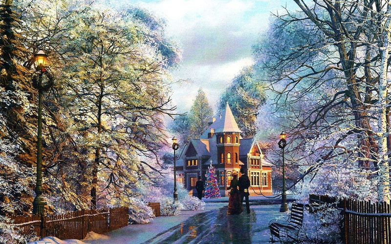 direction, Artistic, Street Light, snow, walking, men, building exterior, plant, Mansion, built structure, tree, winter, Christmas Tree, sky, outdoors