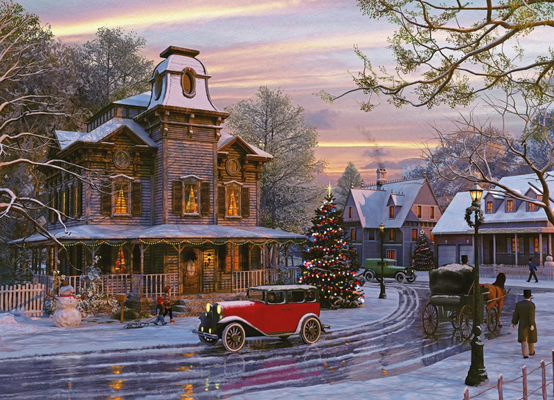2K, Painting, Vintage, Christmas Tree, Christmas, Snow, Artistic, Car, Street