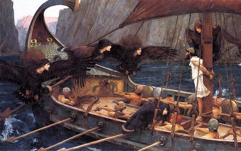 ulises, barco, pintura, arte, sirenas, 2K