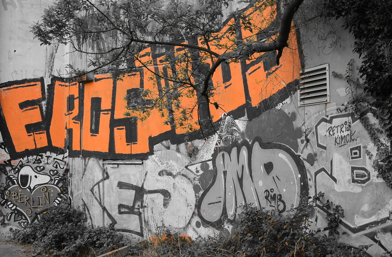 orange color, tree, graffiti, kreuzberg, sprayer, berlin, mural, art and craft, building, street art, wall - building feature, outdoors, city, creativity