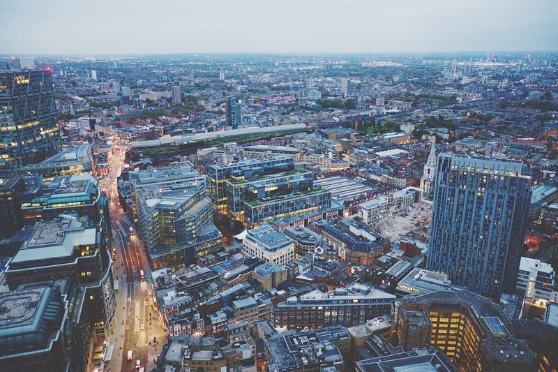 east london, office building exterior, england, sky, high angle view, london, aerial view, early, crowded, modern, tall - high, fujifilm, city, duck and waffle