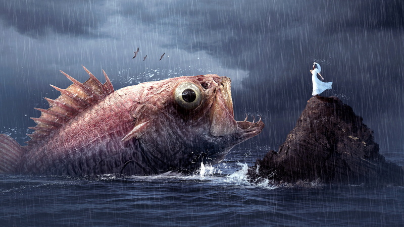 ocean, artwork, birds, fantasy art, scene, photoshop art, dream, woman, rainy, rain, 4K, raining, sea, rock, effect, fantasy scenery, surreal, big fish