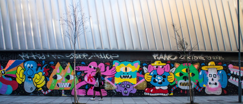 street art, walking, female likeness, multi colored, mural, hoxton, human representation, representation, person walking, shoreditch, colour, walls, characters
