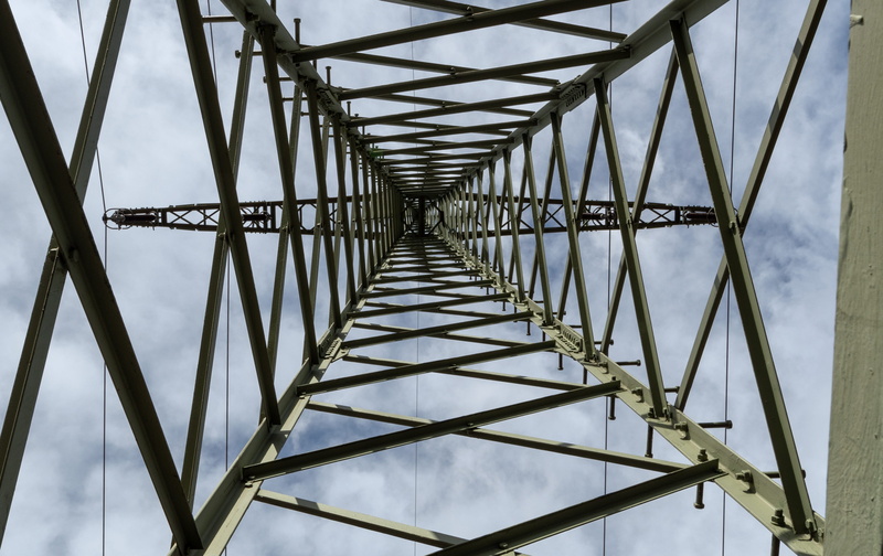 low angle view, transportation, bridge, pylon, no people, in a row, built structure, current, 4K, perspective, metal, energy, mast, directly below, diminishing perspective