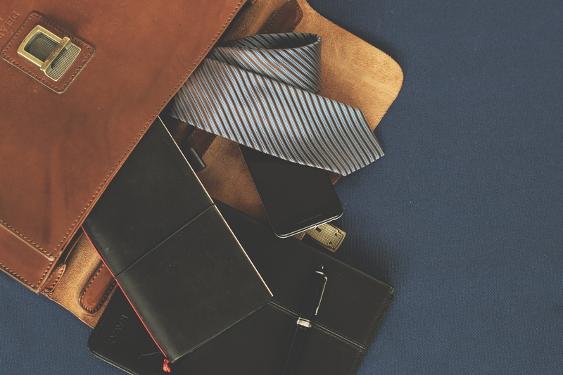 leather goods, high angle view, calendar, wallet, necktie, fountain pen, midori, leather case, agenda, menswear, black, bag, table, accessories, close-up