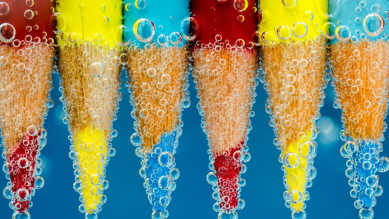 blue, 1080P, water, colors, yellow, Pencils, colorful, bubbles, miscellanea, red